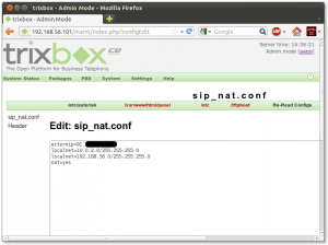 trixbox_sip_nat Nastavitve Trixboxa pri uporabi prevajalnika omrežnih naslovov (ang. Network Address Translator, NAT) in SIP povezave do operaterja.