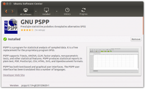 Installing PSPP through Ubuntu Software Center.