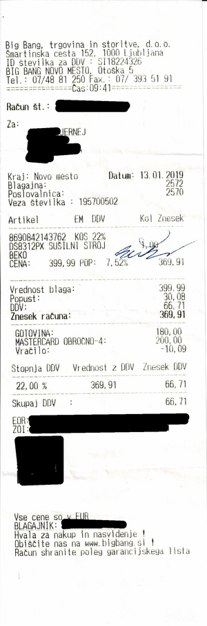 Osebni podatki v računih na Beko.si