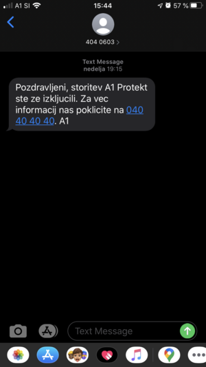 SMS obvestilo, da je A1 Protekt izključen