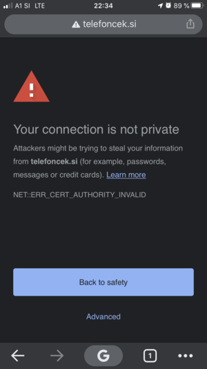 HTTPS napaka na A1 omrežju kot jo je javil Chrome