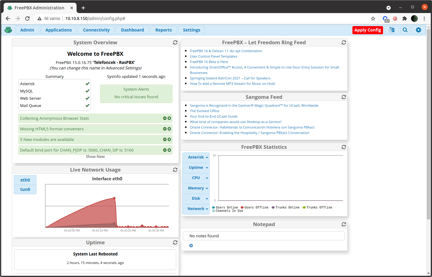 FreePBX dashboard