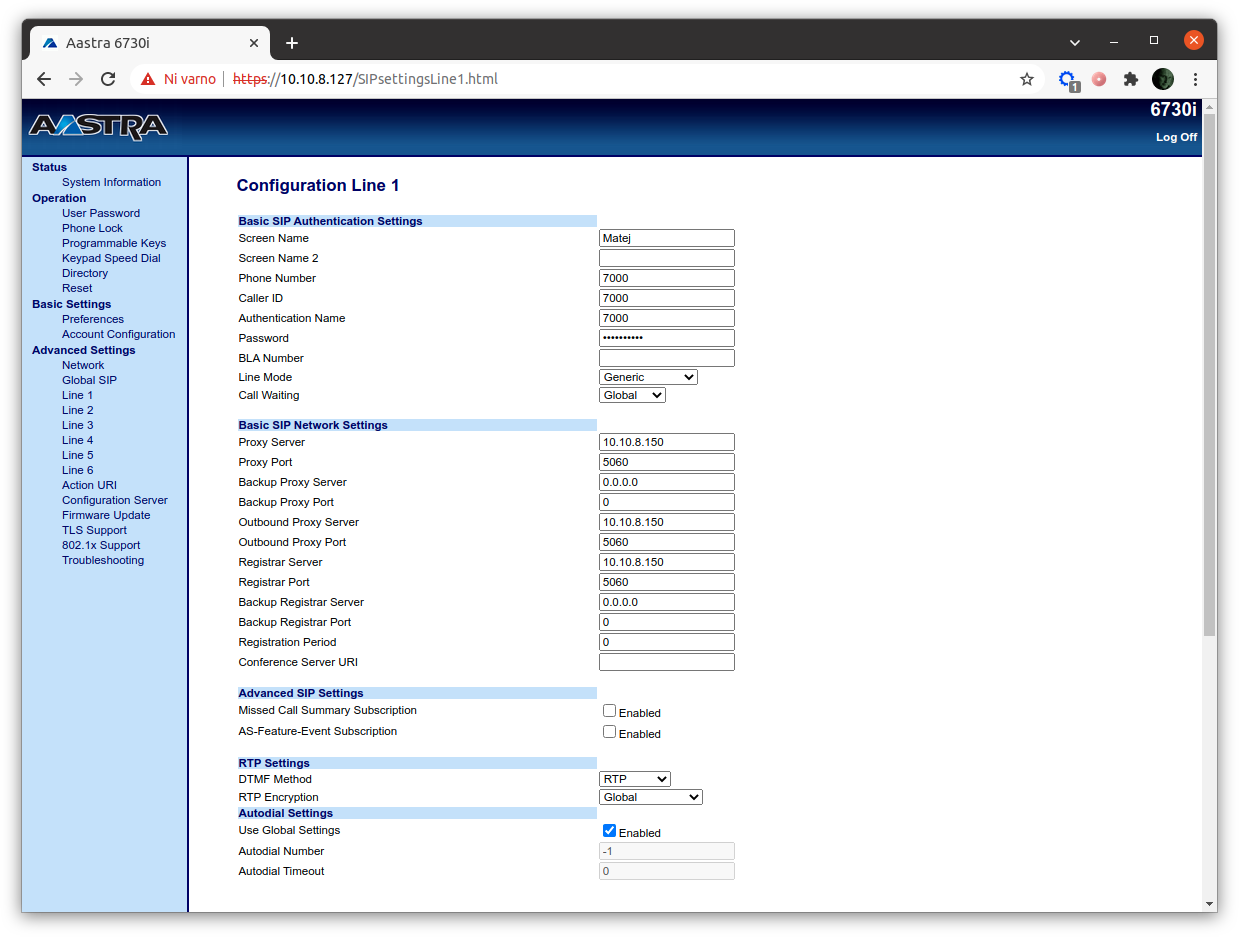 Aastra 6730i SIP settings